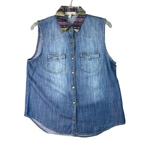 Life In Progress Sleeveless Denim Shirt Woven Collar Western Boho Size M Blue